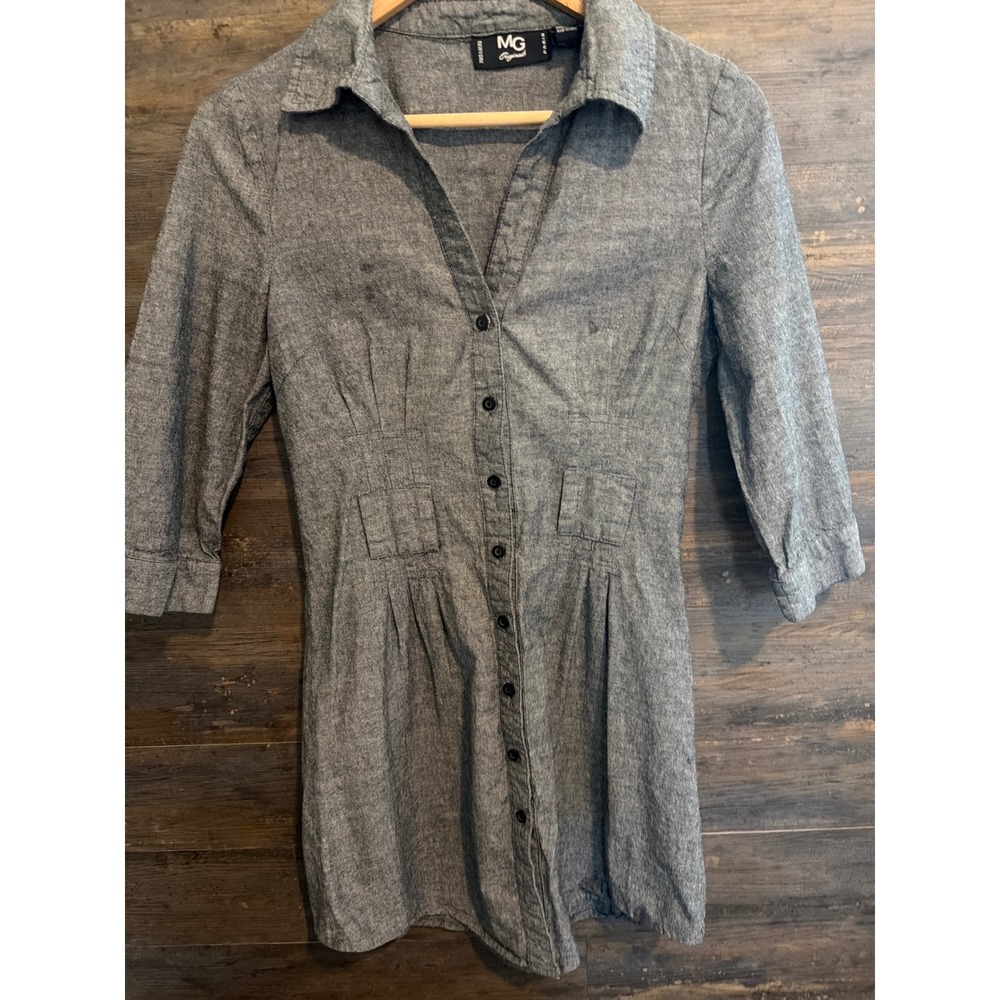 MG Originals Grey Chambray Button Down Shirt Dress Cinched Waist 3/4 Sleeve M